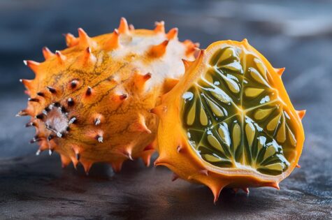 Fresh and ripe kiwano on dark backdrop. Tasty exotic fruit. Healthy lifestyle and diet concept.